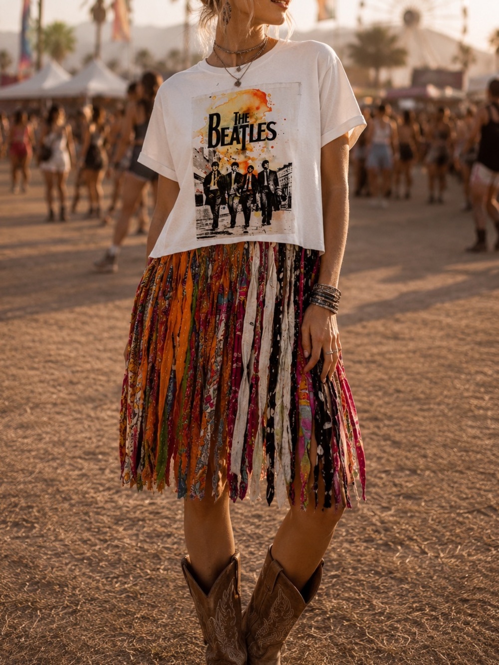 ✌🏼 The Beatles Graphic Patch Fringe Tee - White with Kantha Fringe | One Size